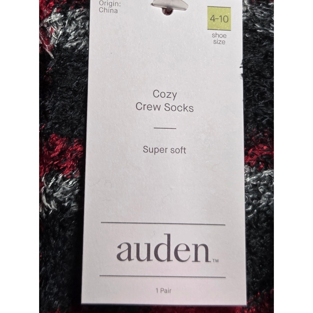 Auden Cozy Crew Socks Red Black White Buffalo Plaid Fuzzy Soft Shoe Size 4-10 - Picture 3 of 4